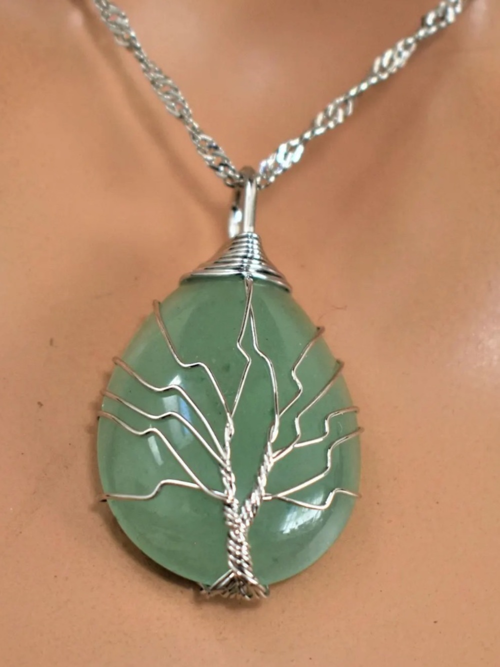 Natural Green Aventurine healing stone wire wrapped Tree of Life Pendant